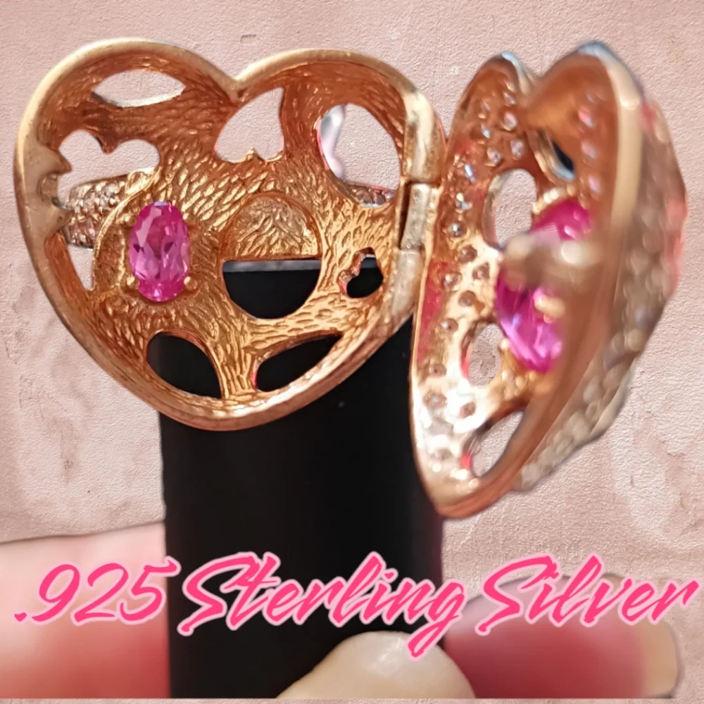 FINAL SALE PRICE Rubellite Tourmaline Diamonds Peekaboo Locket Ring .925 SS Sz 8